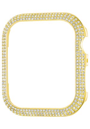Kultainen älykellon kehys, joka on koristeltu useilla riveillä kirkkaista pyöreistä kristalleista, suunniteltu suorakaiteen muotoiselle kellotaululle.
