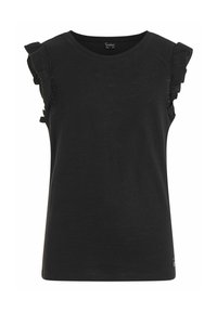 Sort ærmeløs top med flæsekant ved skuldrene, rund halsudskæring og et blødt, struktureret stof. Subtil branding ved kanten.