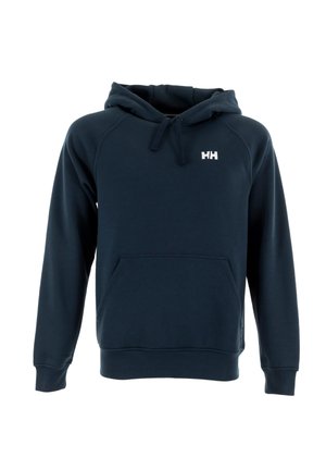 Felpa con cappuccio blu navy realizzata in tessuto misto cotone, con tasca frontale, cappuccio regolabile con cordino e logo bianco sul petto.