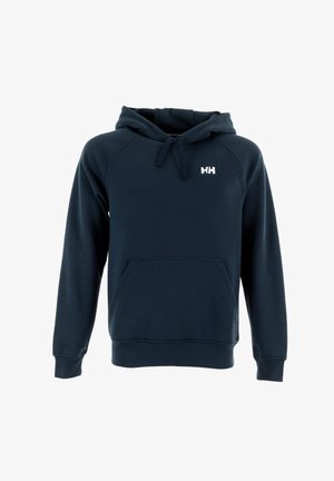 Felpa con cappuccio blu navy realizzata in tessuto misto cotone, con tasca frontale, cappuccio regolabile con cordino e logo bianco sul petto.