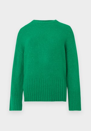 Un pull en tricot vert à manches longues, avec un col rond et un ourlet côtelé, présentant une texture douce et des coutures régulières.