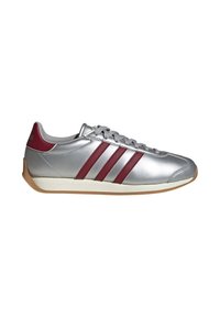 Silver athletic shoe with three maroon stripes, rubber gum sole, lace-up design, and smooth texture on synthetic upper.