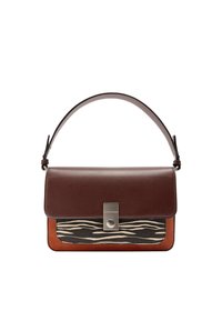 Brązowa skórzana torebka o prostokątnym kształcie, z klapką w wzór zebry i pomarańczowymi akcentami. Zawiera srebrną klamrę i regulowany pasek.