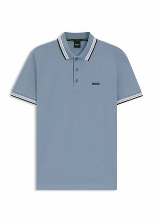 Light blue polo shirt made of textured fabric. Features a three-button placket, black and white stripe accents on the collar and sleeves, and a logo.