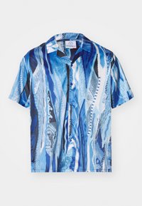 Short-sleeve button-up shirt in blue tones with abstract wave patterns. Made of lightweight fabric, featuring a spread collar and blue buttons.