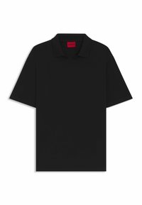 Schwarzes Polo-Shirt mit V-Ausschnitt und kurzen Ärmeln. Hergestellt aus glattem Stoff. Verfügt über ein rotes HUGO-Etikett im Kragen.