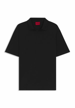 Black polo shirt with a V-neck and short sleeves. Made from smooth fabric. Features a red HUGO label inside the collar.