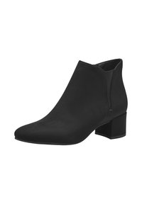 Botines negros de ante suave, con punta afilada y tacón cuadrado. Con elástico lateral para poner y quitar con facilidad.