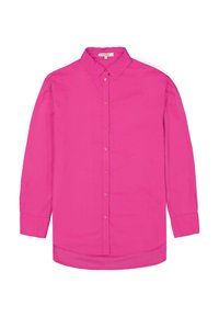Blusa de manga larga fucsia con parte delantera de botones, cuello clásico y corte holgado. Confeccionada con una tela suave y ligera.