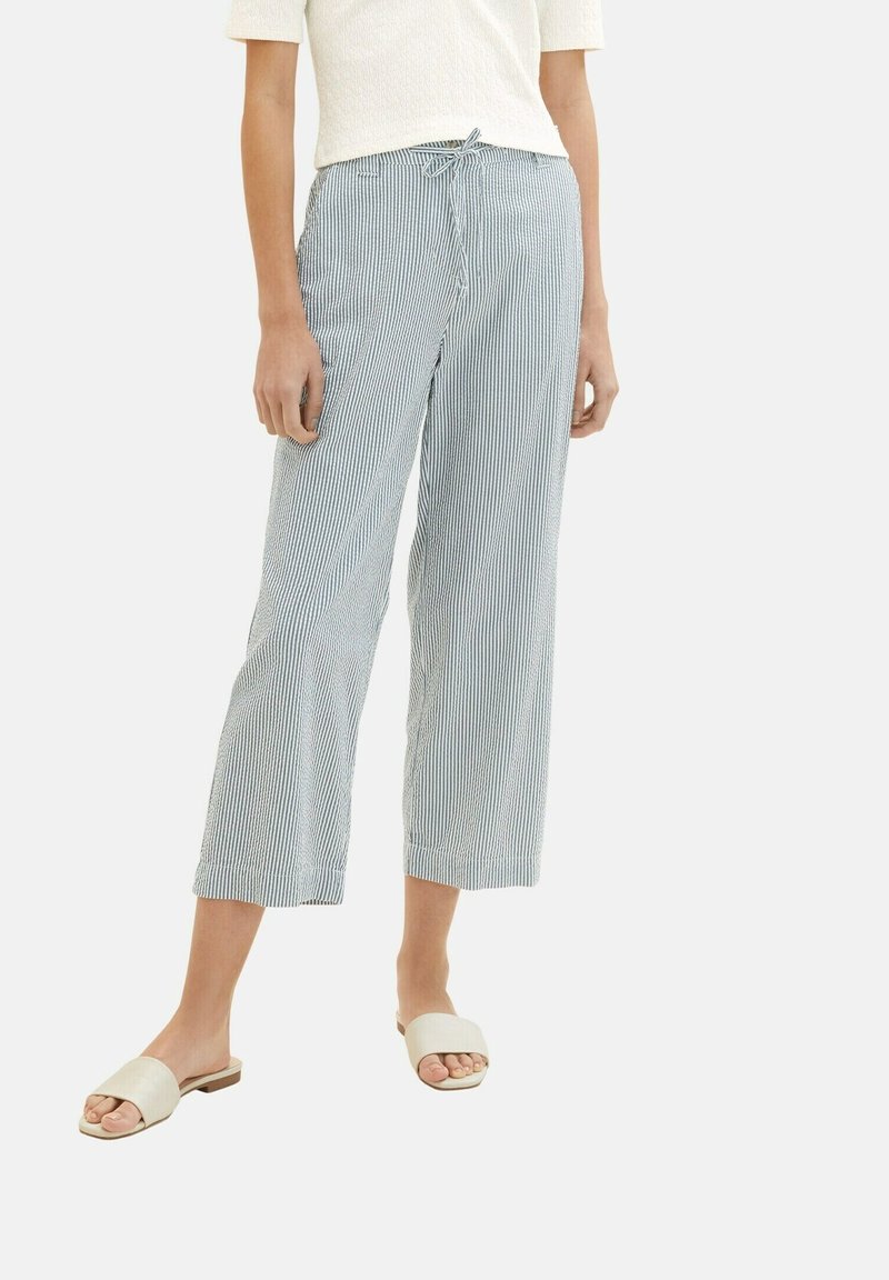 Femme portant un haut blanc à manches courtes, un pantalon large court à rayures verticales bleu clair et blanc avec une taille à cordon, et des sandales blanches à enfiler.