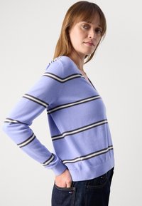 Pull léger violet avec des rayures bleu marine et blanches, design en col en V et manches longues. Texture douce et silhouette ajustée.