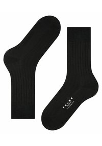 Chaussettes noires côtelées avec pointe et talon renforcés. Fabriquées en matériau lisse. Logo de la marque imprimé en blanc sur la semelle.