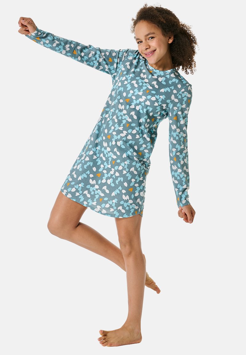 Langarm jurk in teal met een bloemenpatroon featuring witte, lichtblauwe en oranje accenten. Gemaakt van zachte stof met een relaxte pasvorm.