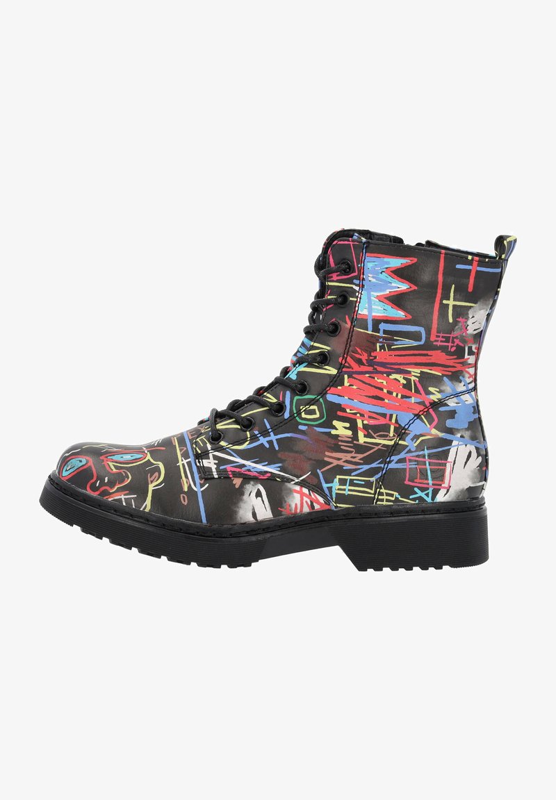 Stivaletti con lacci alla caviglia in materiale sintetico nero, decorati con motivi graffiti colorati in rosso, blu e giallo; tacco a blocco per un'altezza aggiuntiva.