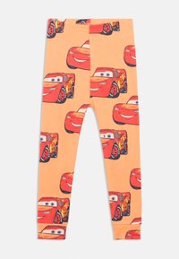 Orange children's leggings with multiple red race car faces featuring smiling expressions and the number 95 on the sides.