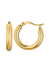 Boucles d'oreilles créoles en métal doré avec un design lisse et arrondi. Elles possèdent une fermeture à charnière élégante et une finition polie pour un éclat réfléchissant.