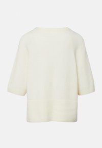 Ecrufarbener kurzärmeliger Strickpullover mit breitem, geripptem Saum und Bündchen, Rundhalsausschnitt, Rückansicht vor neutralem Hintergrund.