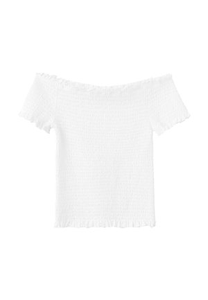 Bílý žabičkovaný krátký top bez ramínek s krátkými nabíranými rukávy a volánkovými okraji na výstřihu, rukávech a lemu.