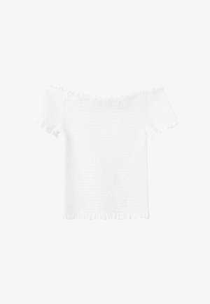 Biele vyšívané crop top bez ramienok s krátkymi nafúknutými rukávmi a volánikovými okrajmi na výstrihu, rukávoch a leme.