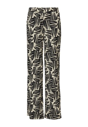 Pantalons évasés en tissu léger avec un motif de feuilles noir et crème. Taille élastique et coupe droite pour le confort.