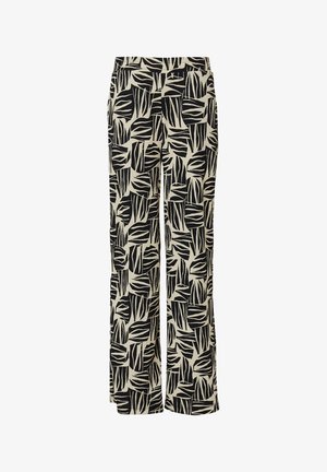 Szerokie spodnie z lekkiego materiału, ozdobione czarno-kremowym wzorem liści. Elastyczny pas i prosty krój zapewniają komfort noszenia.