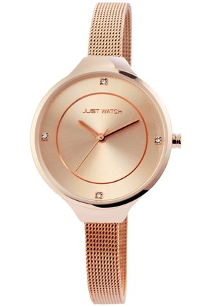 Rose gold mesh band watch with a round, brushed face, four diamond-like accents, and minimalistic hour and minute hands.