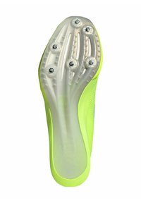 Suela de zapatilla deportiva de color amarillo brillante, con una superficie lisa y flexible, múltiples picos metálicos para tracción y un diseño contorneado para el rendimiento.