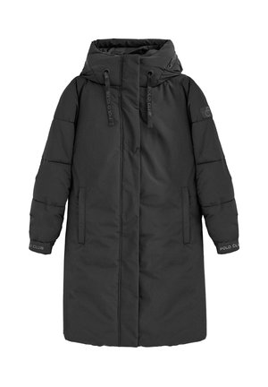 Lungo cappotto invernale imbottito nero con cappuccio, tasche anteriori e coulisse con l'etichetta Polo Club su cappuccio e polsini.