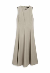 Robe beige longue jusqu’au sol, sans manches, avec un col rond et des détails de coutures centrales, fermeture éclair dans le dos.