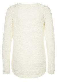 Elfenbeinfarbenes Strickpullover mit langen Ärmeln, Rundhalsausschnitt und texturiertem Finish. Der Saum ist leicht gewölbt und bietet eine lockere Passform.
