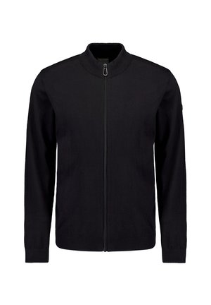 Zwarte gebreide zip-up jas met een opstaand kraagje, lange mouwen, ribgebreide manchetten en zoom, met een gladde textuur en een minimalistisch ontwerp.