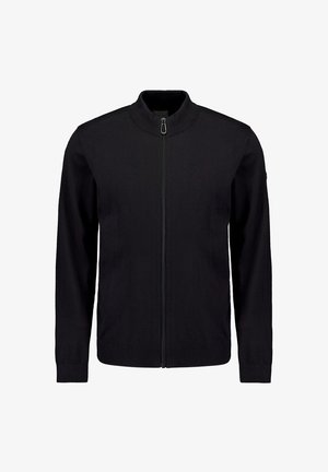 Zwarte gebreide zip-up jas met een opstaand kraagje, lange mouwen, ribgebreide manchetten en zoom, met een gladde textuur en een minimalistisch ontwerp.