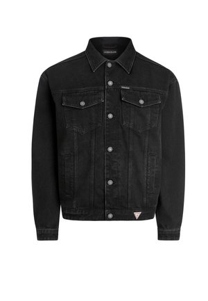 Giacca in denim nera dal design classico, con chiusura frontale a bottoni, due tasche sul petto e un piccolo logo applicato sull'orlo.