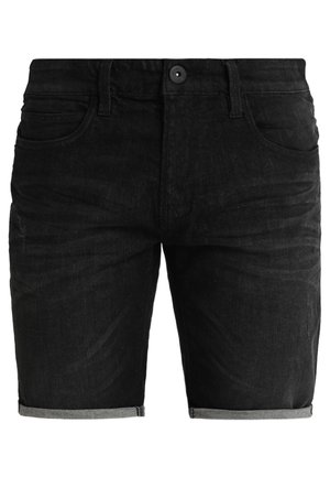 Pantalones cortos de mezclilla negra con un corte recto, que presentan un cierre de botón, cinco bolsillos y puños enrollados para un look casual.