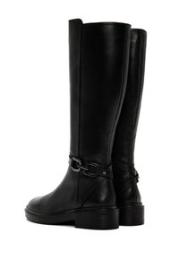 Black leather knee-high boots with a rounded toe and block heel. Features a buckle detail around the ankle and smooth, glossy texture.