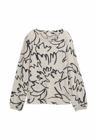 Sudadera de manga larga gris claro con estampado floral negro, cuello redondo y corte holgado. Textura suave con puños elásticos.