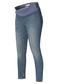 Jean skinny en denim bleu avec une large taille texturée violette et des accents légèrement usés sur le devant et l'arrière.
