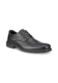 Chaussure de ville noire en cuir pour homme à lacets, bout arrondi et petit talon, présentée légèrement inclinée sur fond blanc.