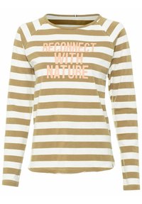 Chemise à manches longues à rayures horizontales beiges et blanches, avec le texte « RECONNECTEZ AVEC LA NATURE » en rose clair sur la poitrine.