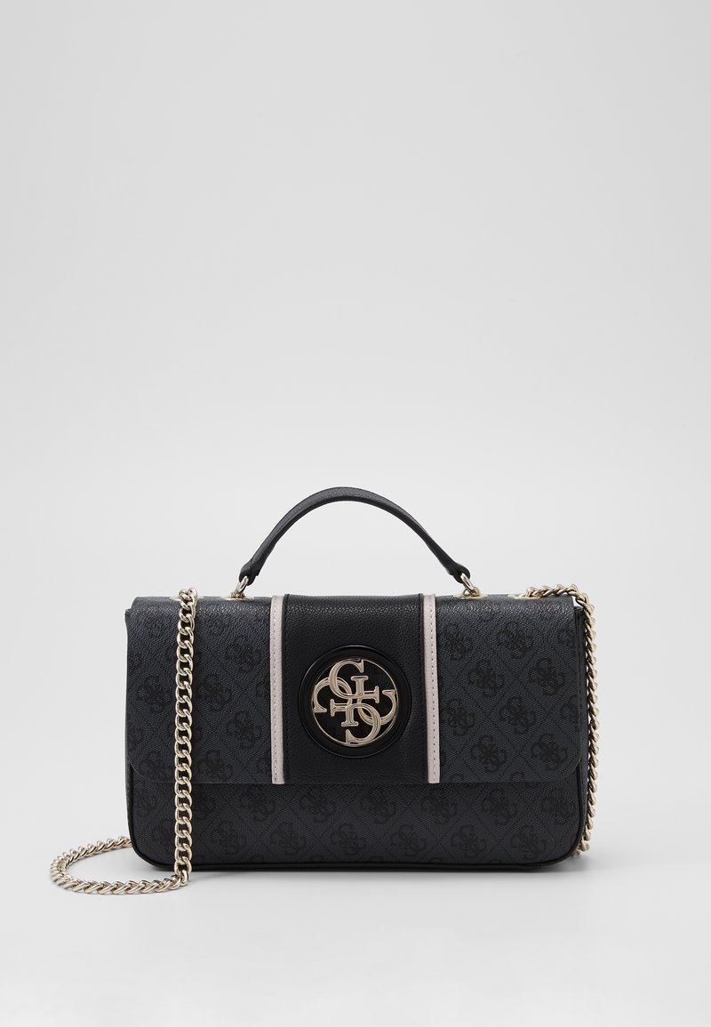 Black patterned handbag featuring a gold logo, pink accent stripes, and a chain strap. Structured design with a top handle.