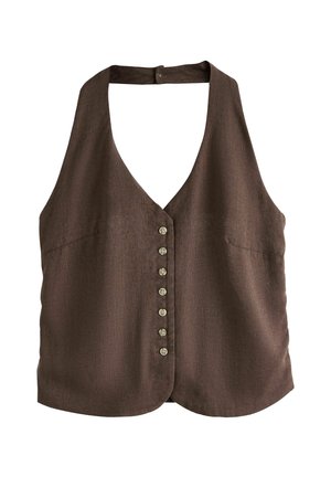 Braune ärmellose Weste mit tiefem V-Ausschnitt und sieben kleinen Knöpfen vorne, aus strukturiertem Stoff.