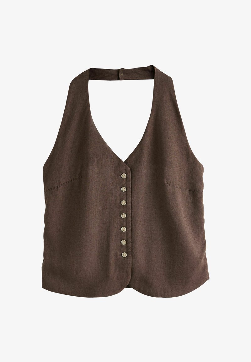 Veste marron sans manches avec un col en V profond et sept petits boutons sur le devant, fabriquée en tissu texturé.