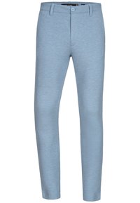 Pantaloni slim-fit azzurro chiaro realizzati in tessuto morbido, dotati di chiusura con bottone e passanti per cintura. Design semplice senza motivi o accenti visibili.