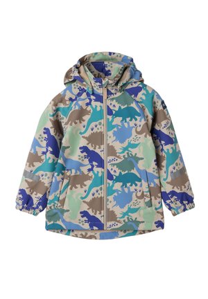 Kapuzensweatjacke mit Dinosaurier-Muster in Blau, Grün und Beige. Hergestellt aus einem glatten Material mit elastischen Bündchen und einem vorderen Reißverschluss.