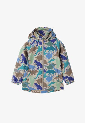 Hættetrøje med dinosaurmønster i blå, grøn og beige. Fremstillet af et glat materiale med elastiske manchetter og en lynlås foran.