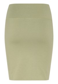 Jupe ajustée à mi-mollet en tissu doux et extensible, de couleur vert olive clair, avec une taille élastique lisse.