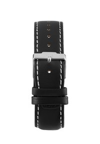 Bracelet de montre en cuir noir avec des coutures blanches, une boucle en métal et plusieurs trous d'ajustement pour la taille. La surface texturée ajoute du détail.