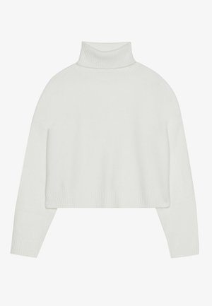 Witte korte turtleneck trui met geribbelde cuffs en zoom. Zachte textuur, wijde mouwen en naadloos ontwerp op de rug.