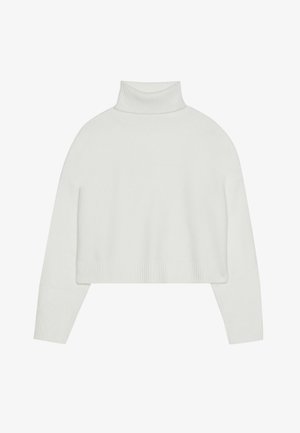 Valge lühendatud kõrge kaelaga sviiter ribatud varruka- ja alläärtega. Pehme tekstuur, laiad varrukad ja õmblusteta disain taga.