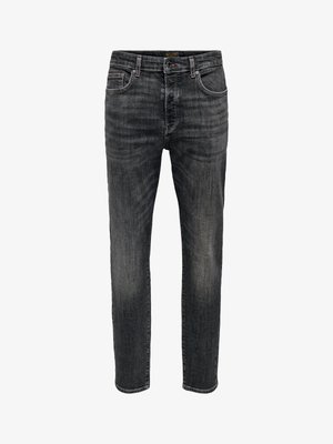 Grå denimjeans med rett ben. Har fem lommer, knappelukking og subtil søm langs sømmene.